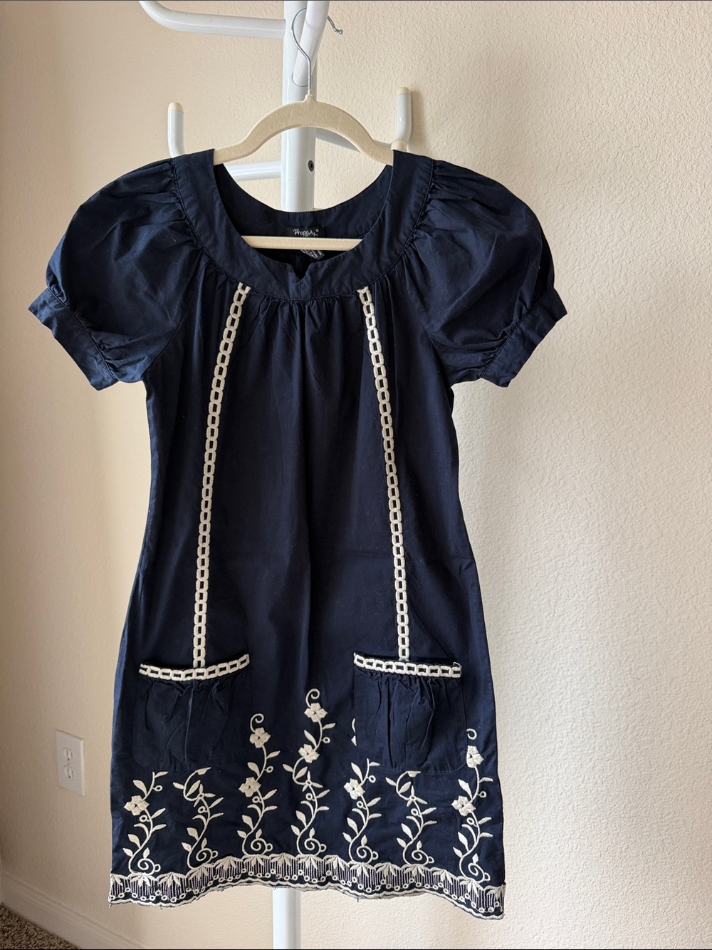 Rhapsody Navy Mini Dress with White Embroidered Floral Trim